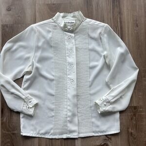 Yves St. Clair Vintage Scallop Edge White Button Down Blouse Size8p Pleat Front